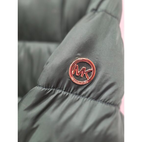 Michael Kors Green Longline Belted Puffer Coat Removable Faux Fur Collar Size M - Picture 10 of 16